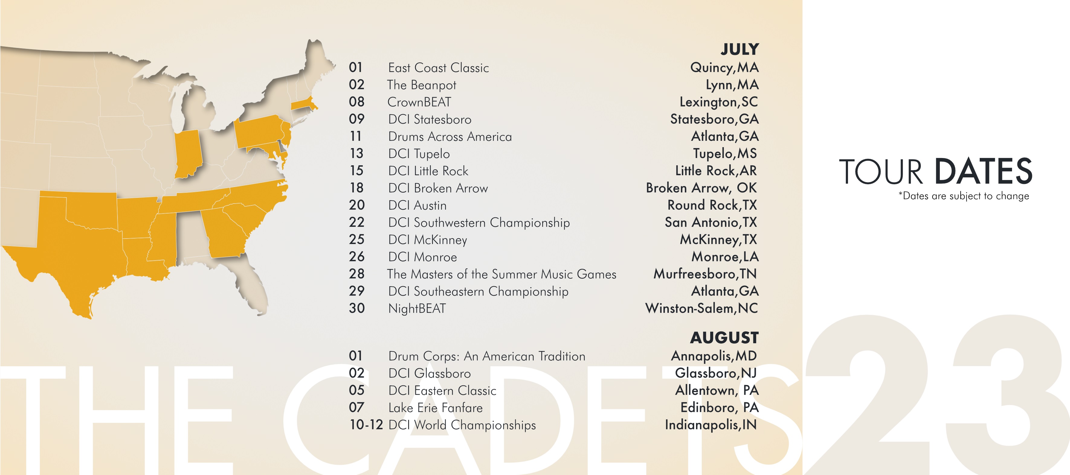 The Cadets 2023 DCI Tour Schedule